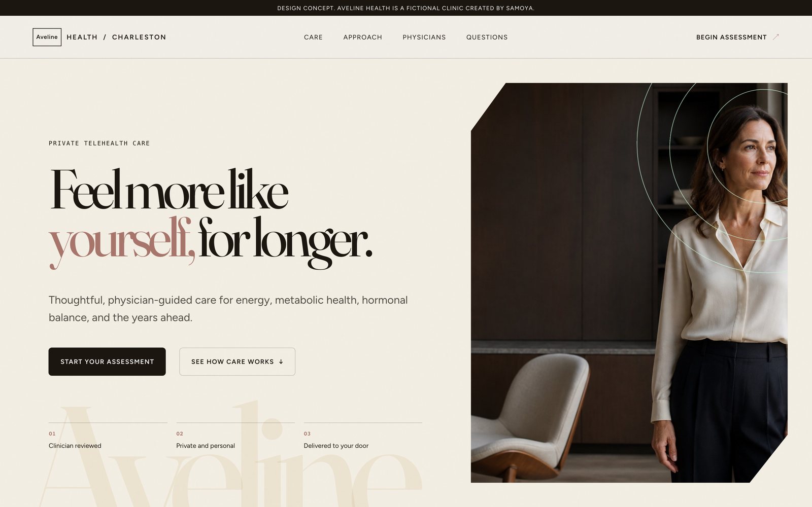 The Aveline Health homepage, a warm bone page with a high contrast serif headline