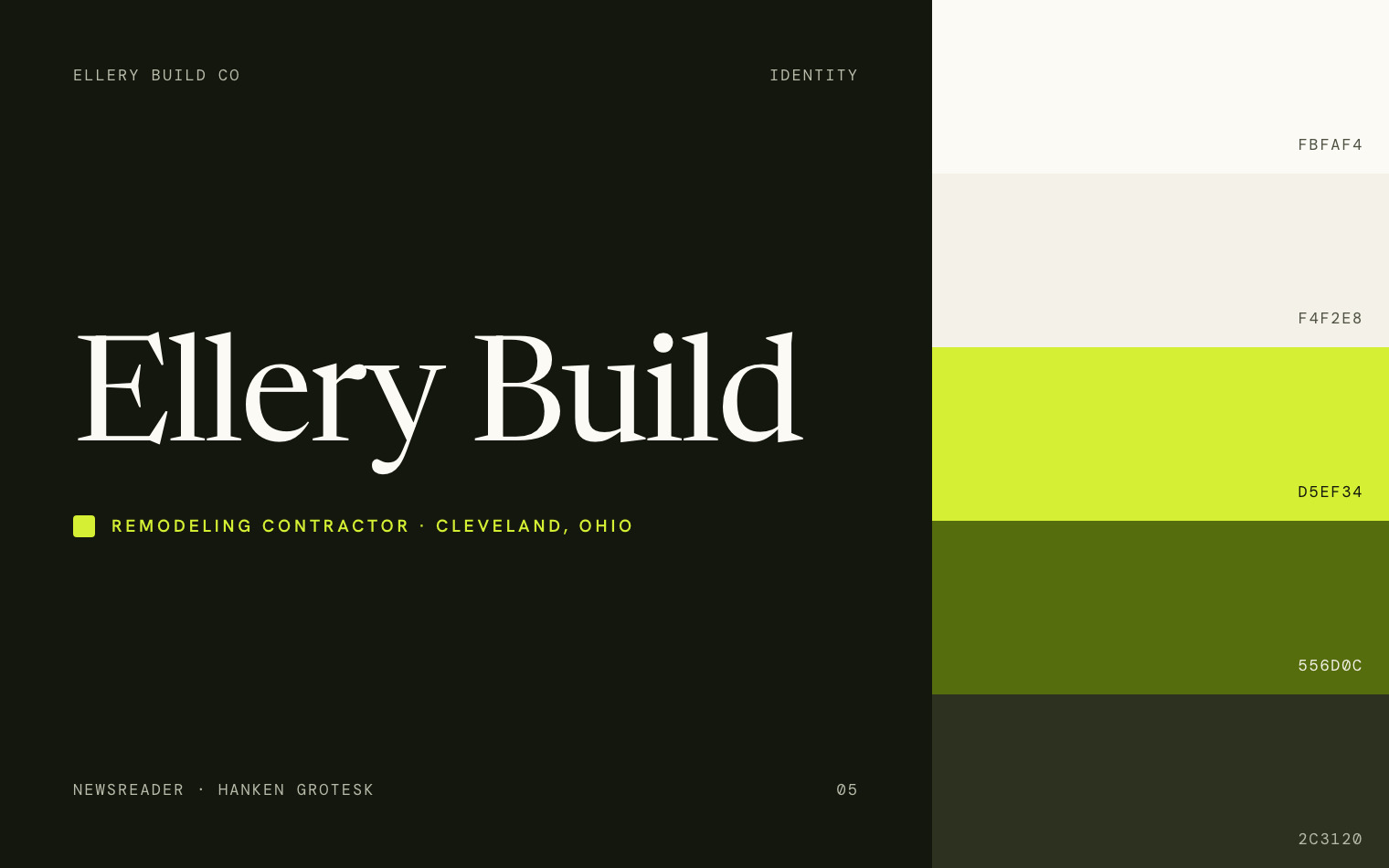 The Ellery Build Co wordmark and palette