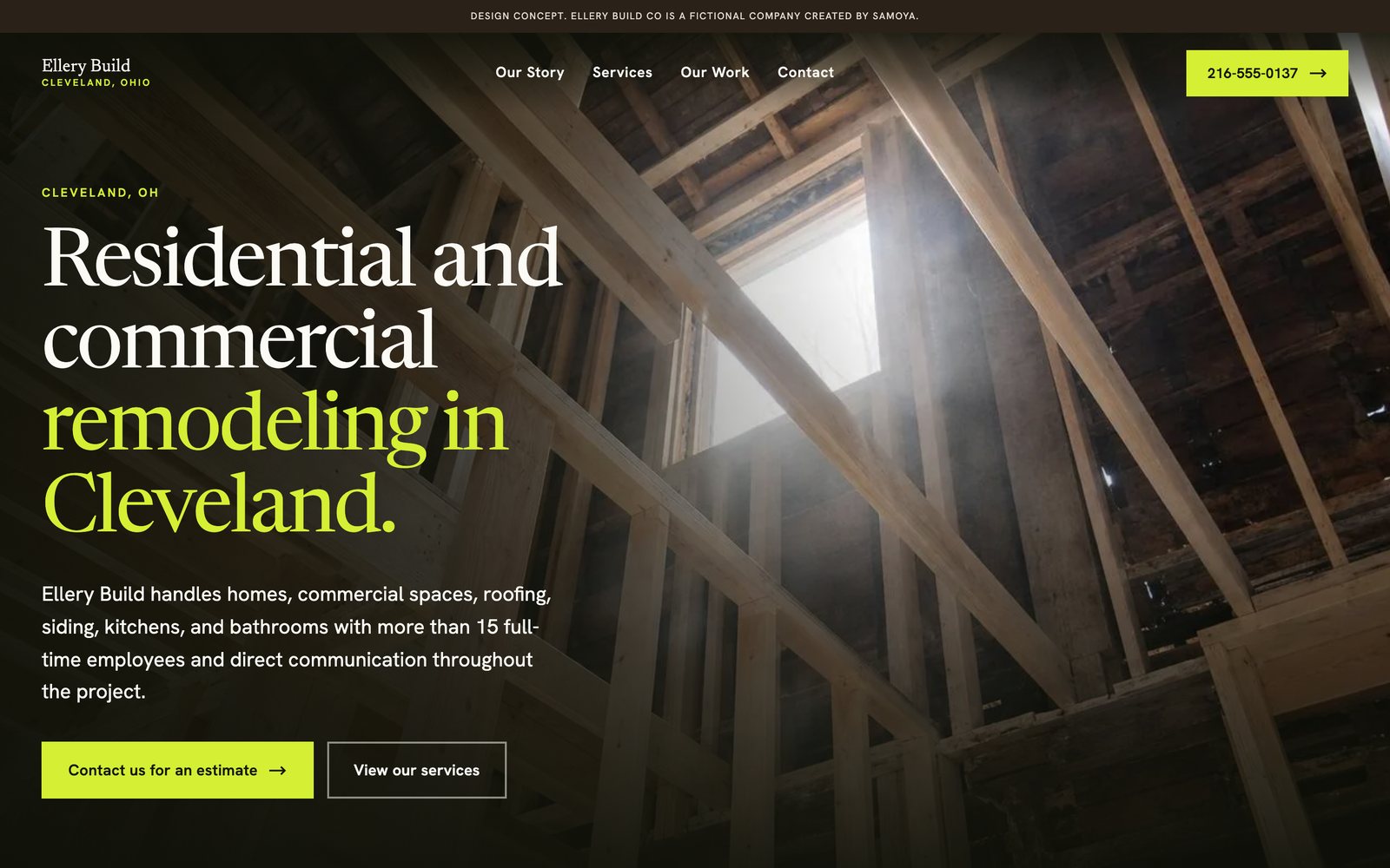 The Ellery Build Co homepage, timber framing lit from above behind a large serif headline