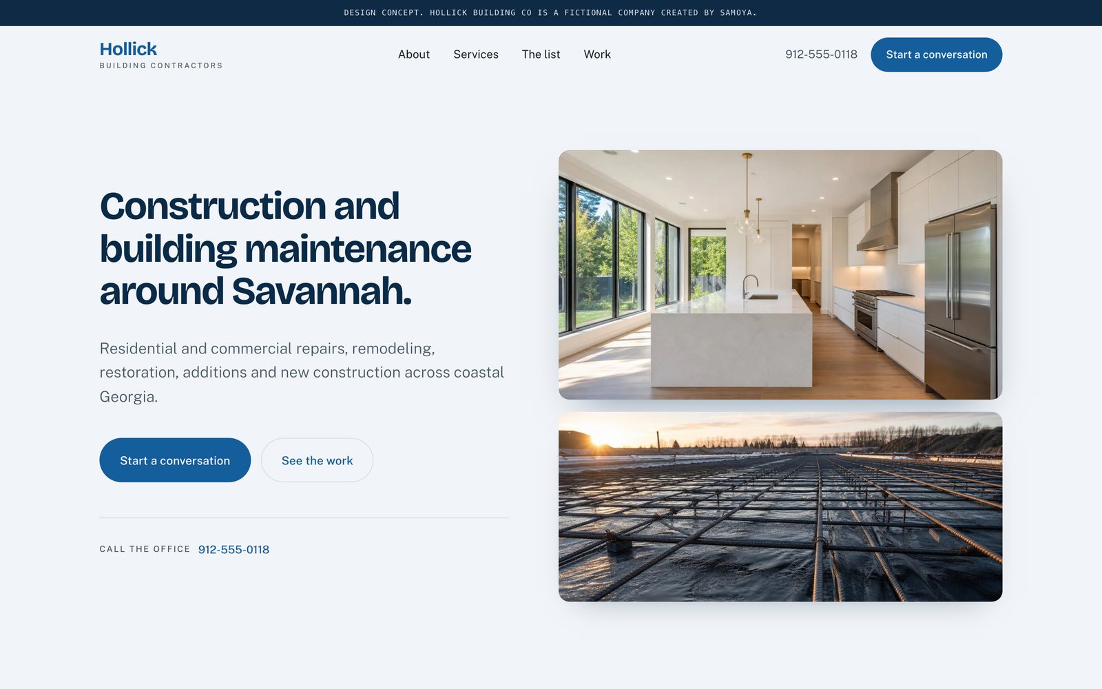 The Hollick Building Co homepage, a pale page with a finished kitchen and a poured slab at sunrise