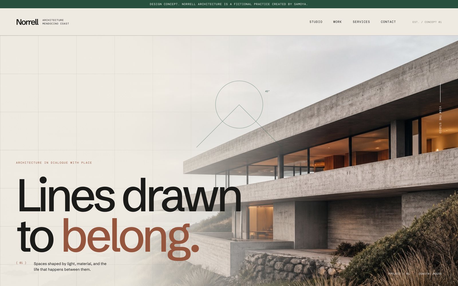 The Norrell Architecture homepage, a coastal concrete house behind a large editorial headline