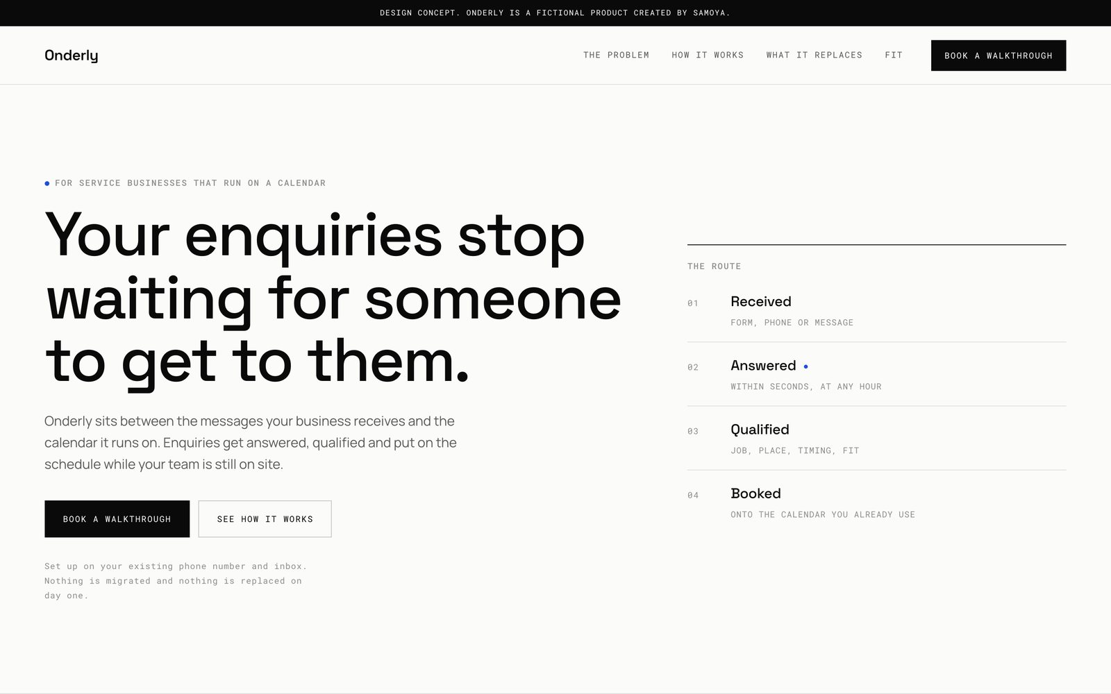 The Onderly homepage, a near white product page with a numbered route panel