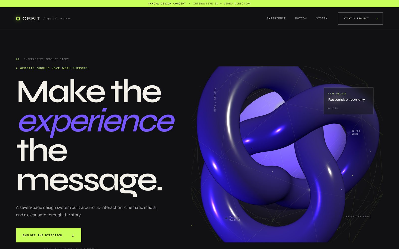 The ORBIT homepage, a violet 3D form rendered in real time on a near black ground