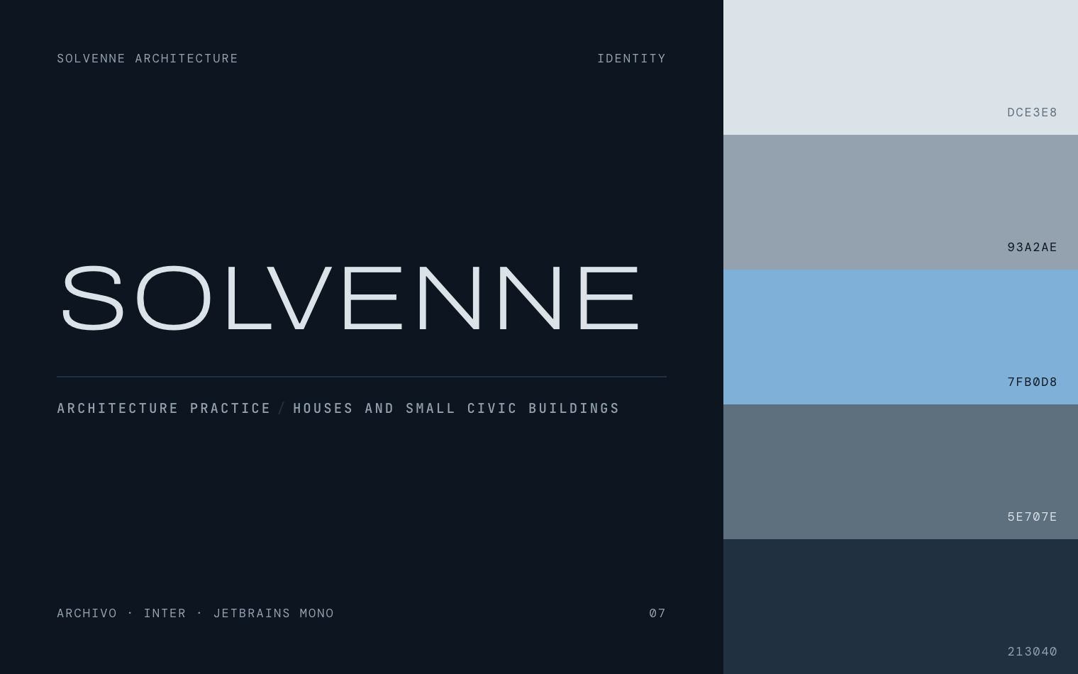 The Solvenne Architecture wordmark and palette