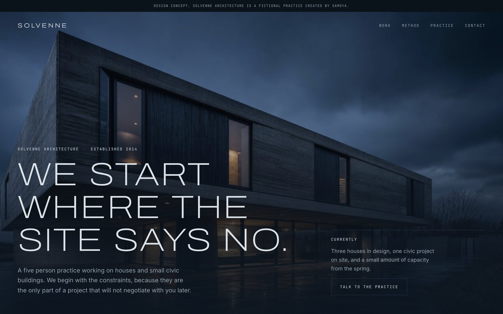The Solvenne Architecture homepage, a concrete house at dusk under a tracked uppercase headline