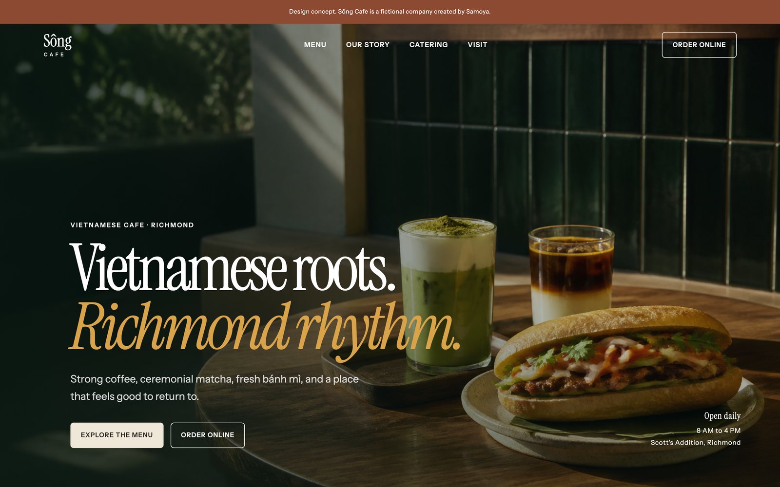 The Song Cafe homepage, matcha and banh mi on a wooden table in warm light